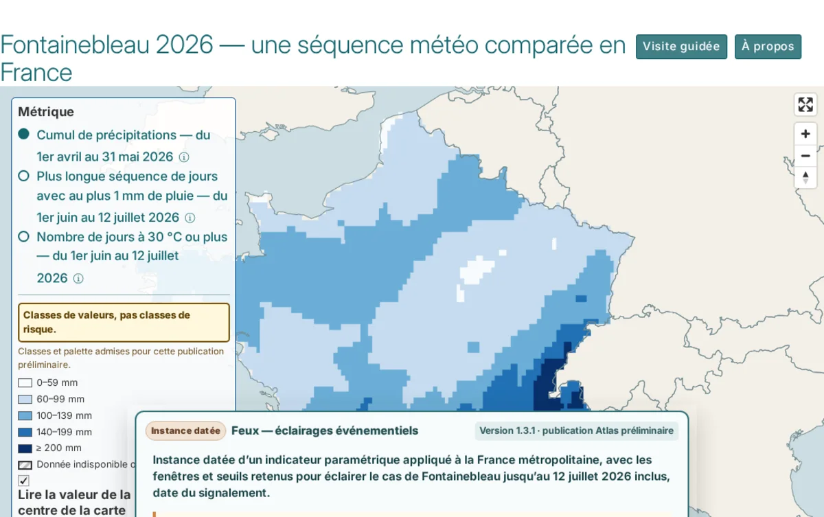 Atlas Climae montrant une métrique de précipitations sur la France métropolitaine.