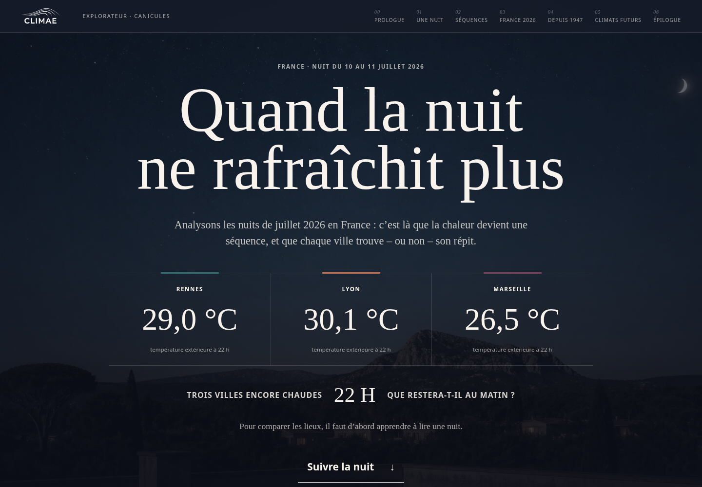 Ouverture de l’Explorateur Canicules comparant les nuits de juillet 2026 à Rennes, Lyon et Marseille.