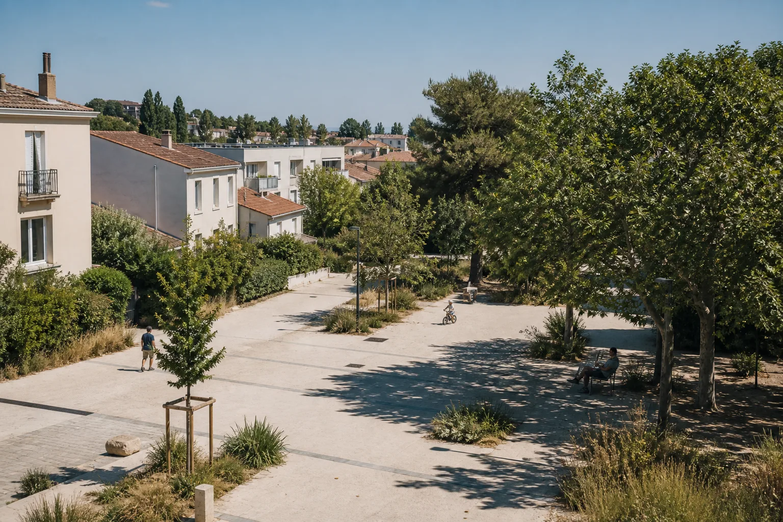 Quartier habité en été, entre surfaces minérales, végétation et zones d’ombre.