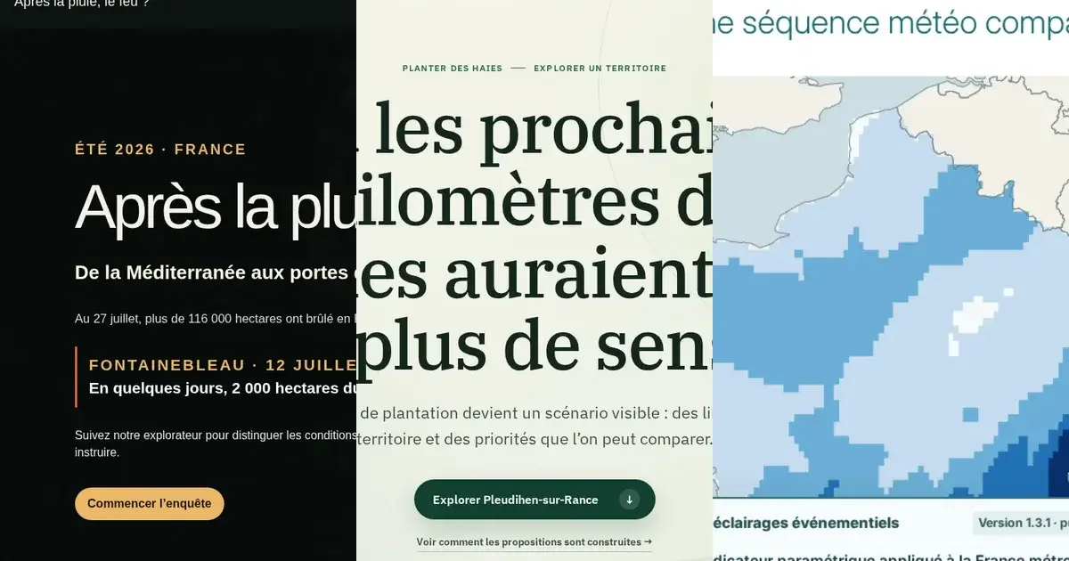 Montage de trois interfaces Climae : le récit Feux, l’explorateur Haies et la carte Atlas de Fontainebleau 2026.