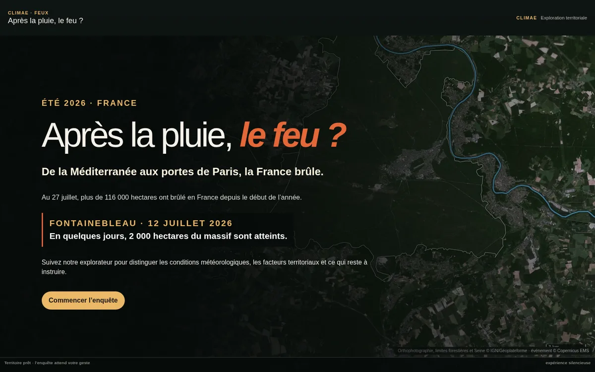 Ouverture de l’Explorateur Feux avec une vue aérienne de Fontainebleau.