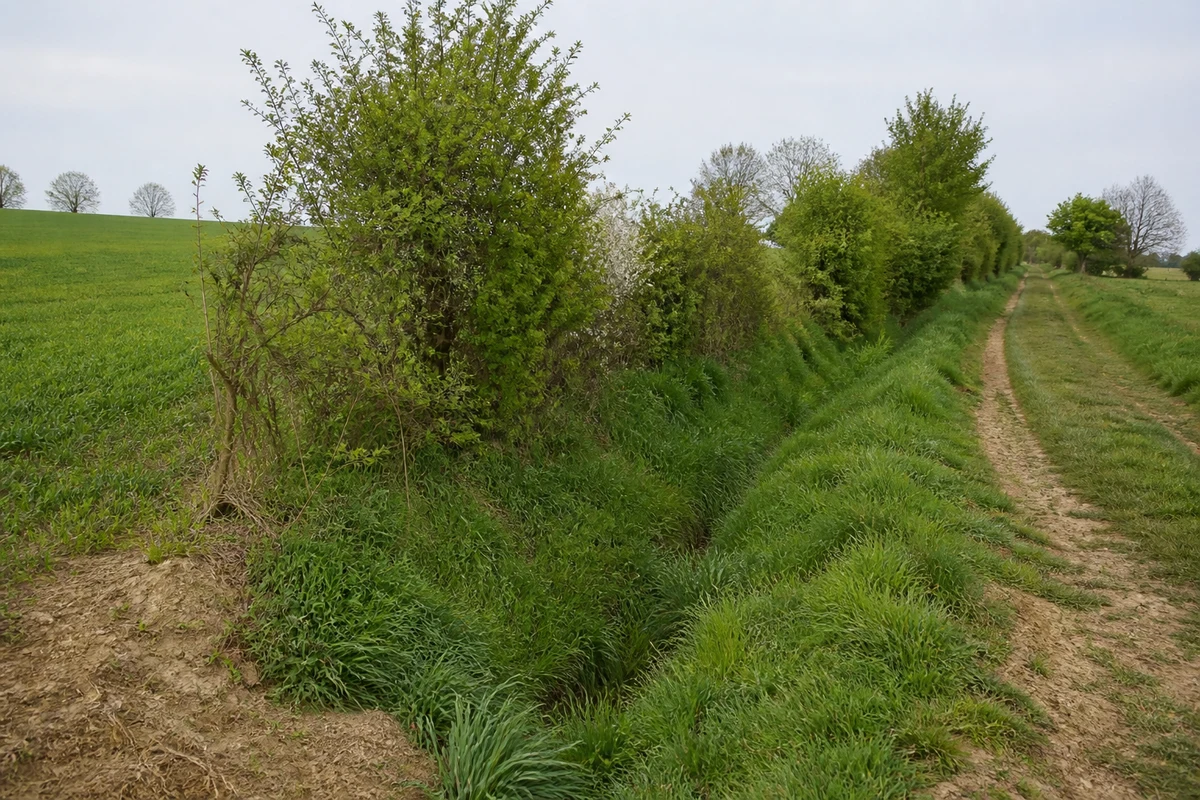 Limite parcellaire réunissant une haie, un fossé enherbé, une culture et un chemin agricole.