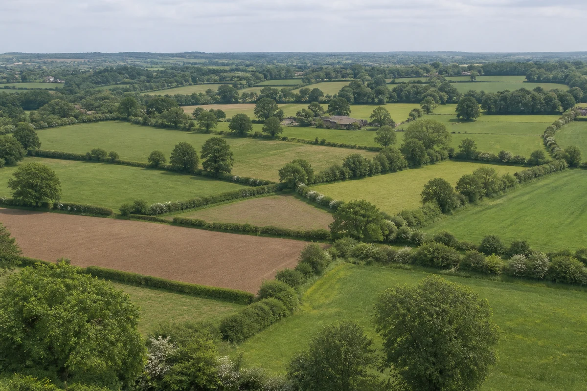 Vue large d’un paysage agricole dont les parcelles sont reliées par un réseau de haies.