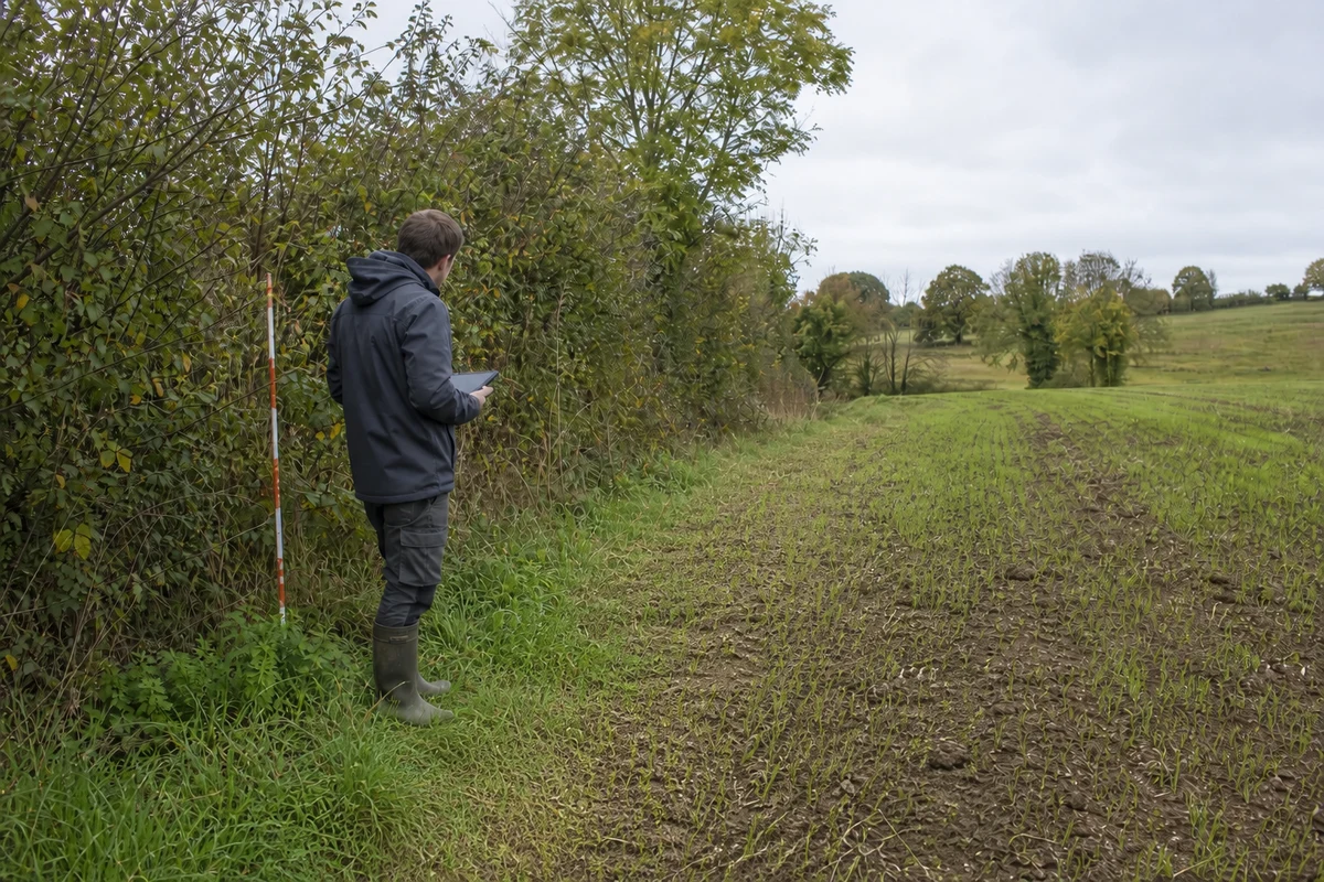 Technicien observant la rencontre entre une haie, une bande enherbée et une parcelle agricole au cours d’une vérification de terrain.