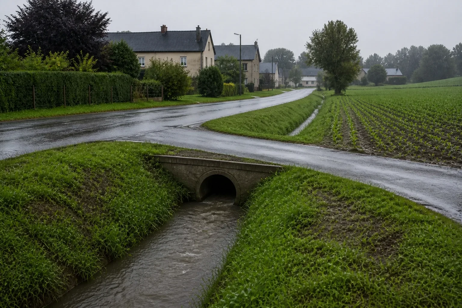 Route rurale longeant un fossé qui conduit le ruissellement d’une parcelle agricole.