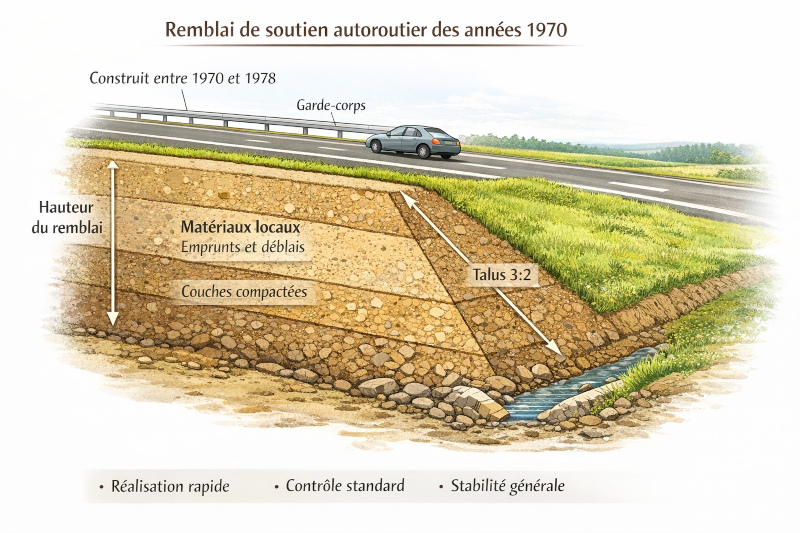 Coupe illustrée d’un remblai routier ancien, de son talus et de son fossé.