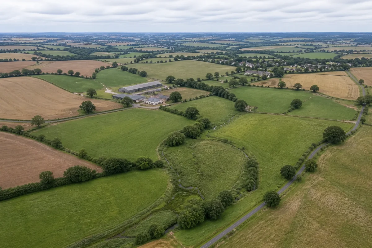 Vue aérienne d’un territoire agricole vallonné réunissant parcelles, haies, cours d’eau, routes, ferme et habitat.