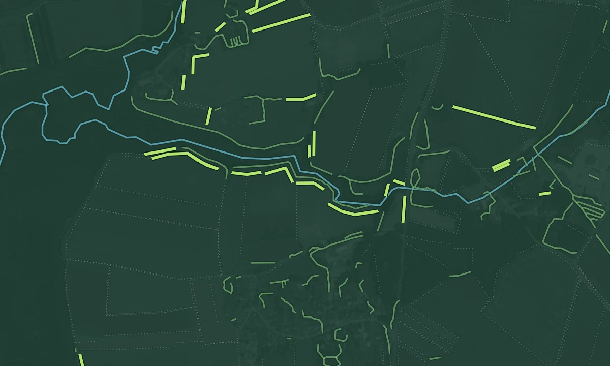 Le même extrait de Pleudihen-sur-Rance avec les supports retenus dans un scénario concentré de trois kilomètres représentés en vert.